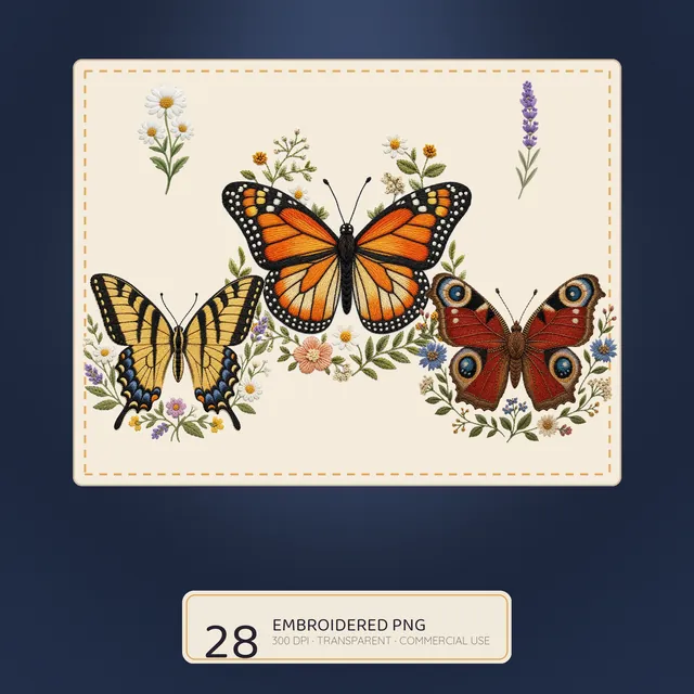 Faux Embroidery Butterflies clipart pack — cover